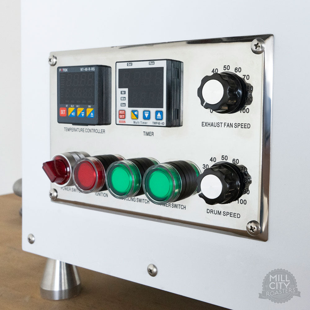 Variable drum and precision 3-phase roaster exhaust fan speed standard on every model.