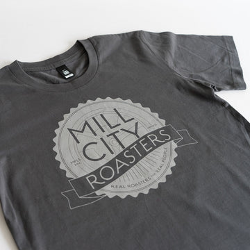 Charcoal Gray T Shirt Light Gray Logo Closeup 1 - Mill City Roasters