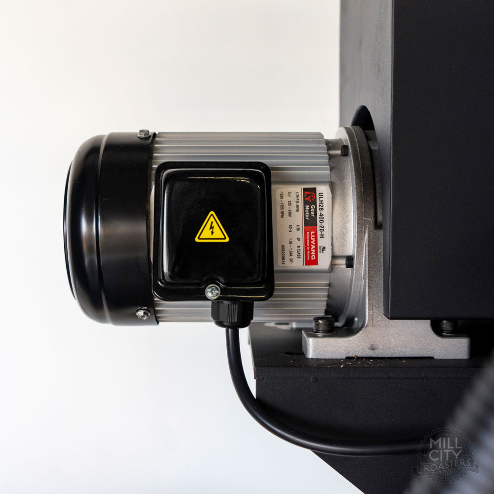 Heavy duty variable speed drum motor. Sized larger to power oversized drum.