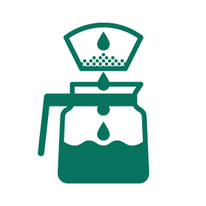 A simple graphic design with a filter above it and coffee dripping down into the carafe.