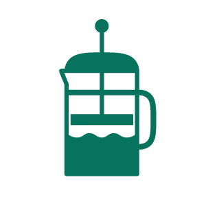 A simple graphic design of a green frenchpress with coffee being brewed inside.