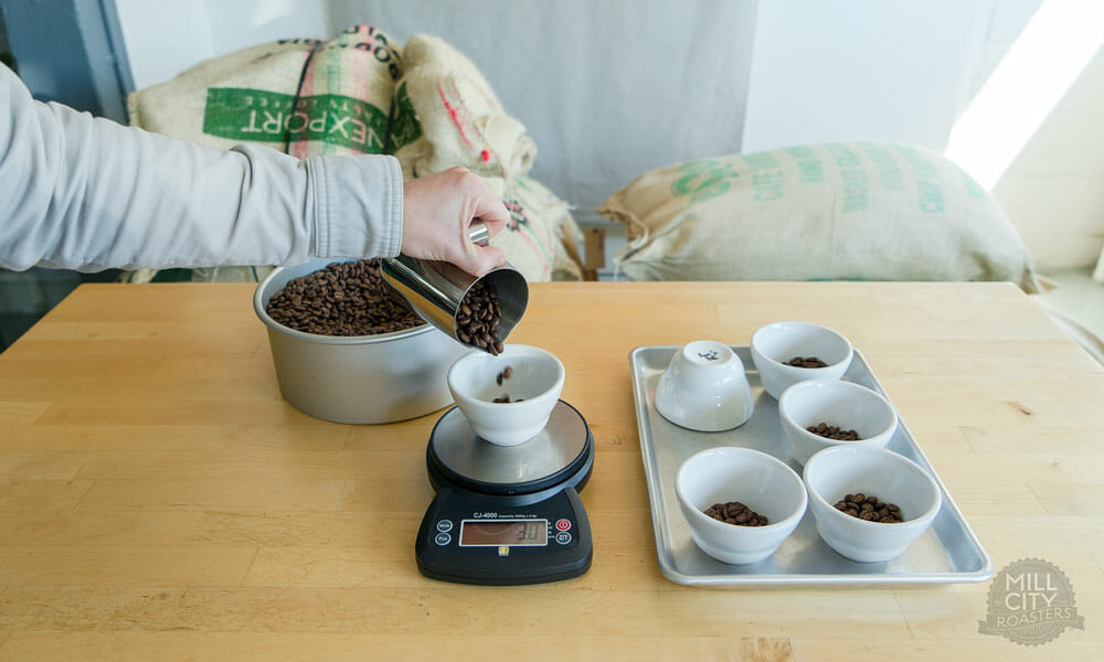 Someone pouring beans into a cupping bowl positioned on a scale. To the left is a tray filled with pre-dosed cupping bowls.